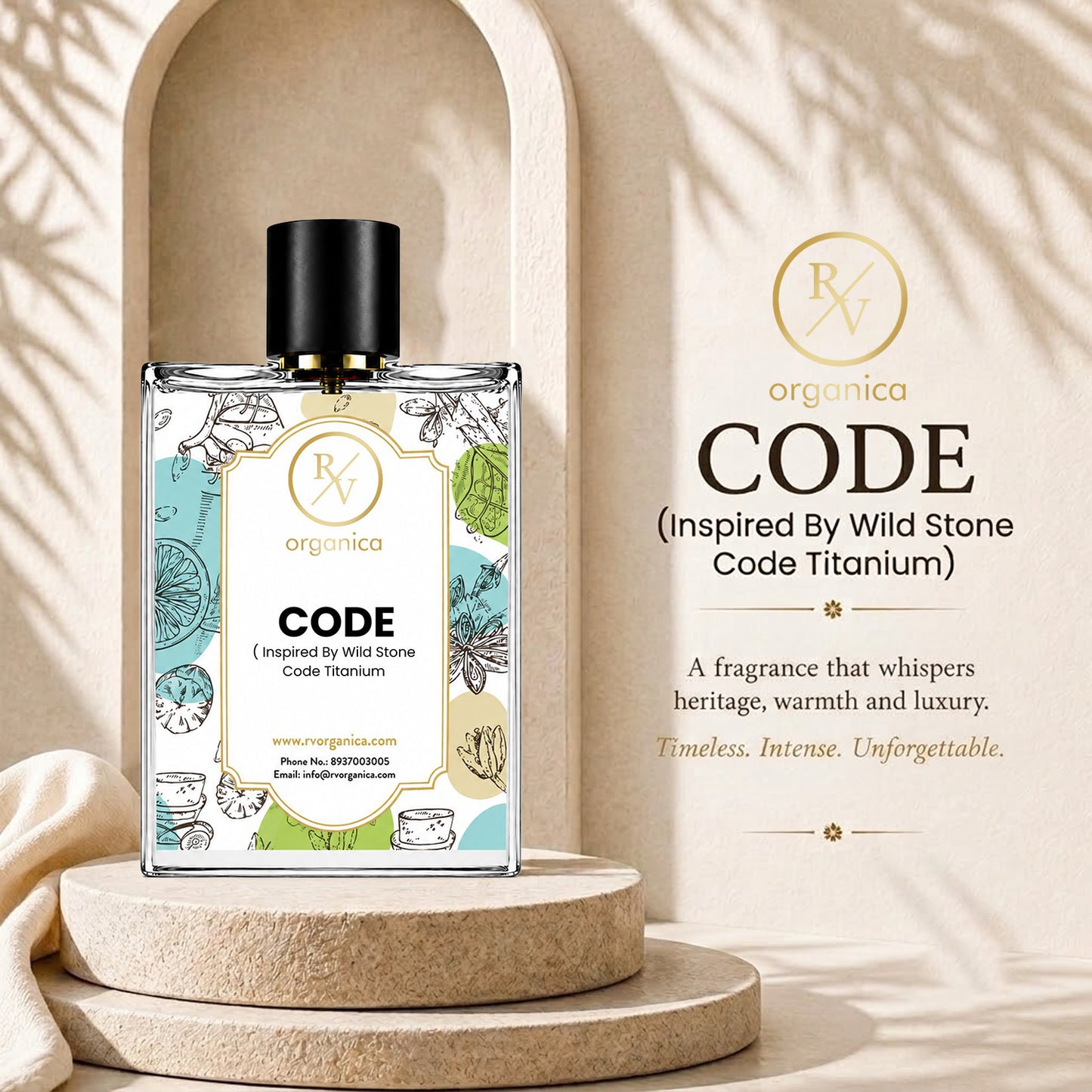 RV Organica Code Premium Fragrance Oil bottle displayed with product branding in an elegant beige setting