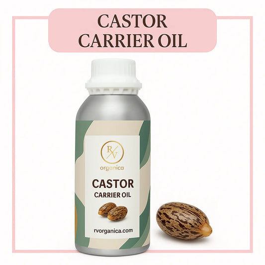 A bottle of Castor Carrier Oil with a label, alongside a single castor seed, on a white background, with a text overlay defining the product as 'CASTOR CARRIER OIL'.