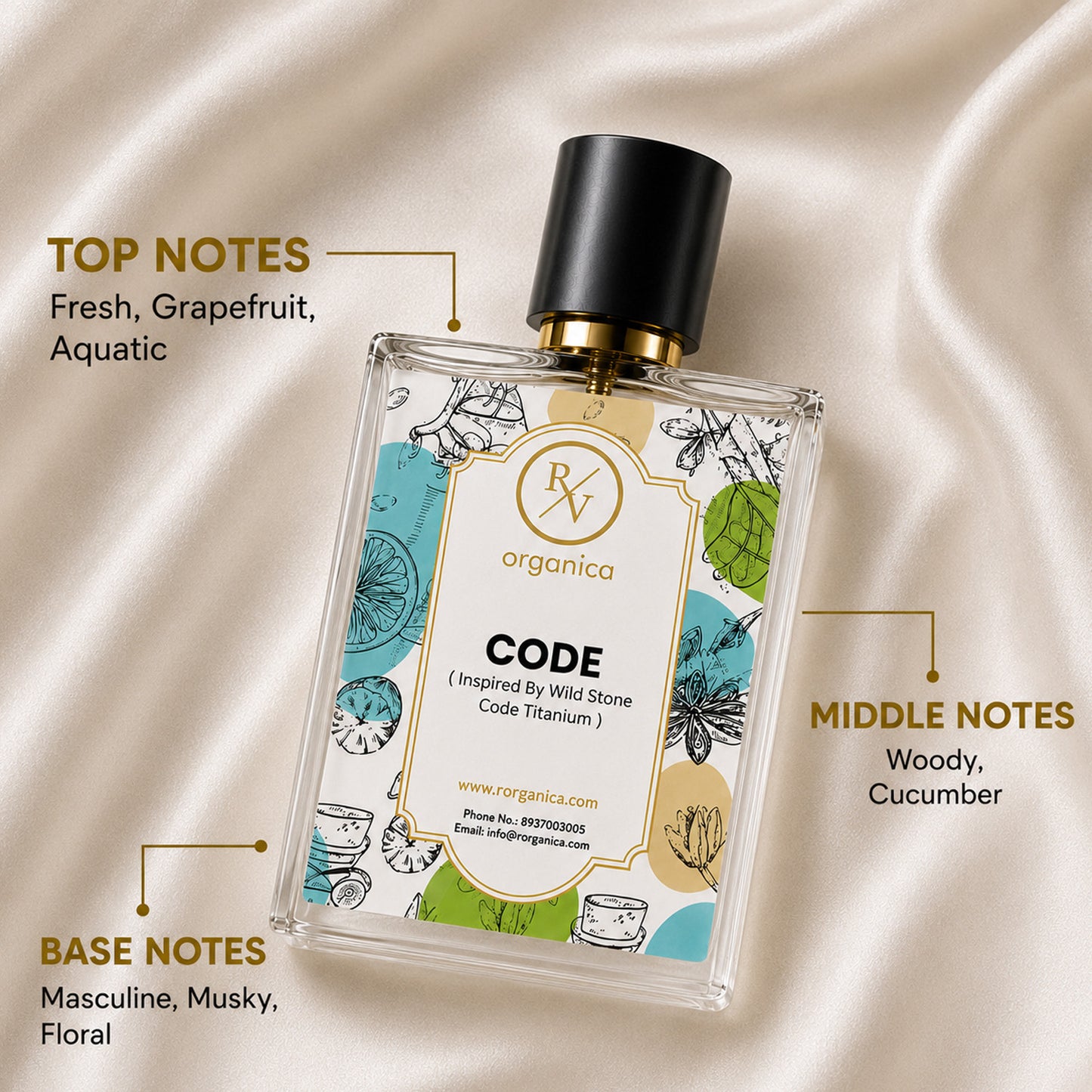 RV Organica Code Premium Fragrance Oil fragrance notes showing fresh grapefruit and aquatic top notes, woody cucumber middle notes, and masculine musky floral base notes