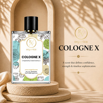 RV Organica Cologne X inspired fragrance oil in an elegant perfume bottle with a luxury display, inspired by Creed Aventus for sophisticated masculine fragrance blends.