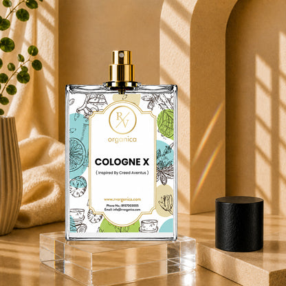 Open bottle of RV Organica Cologne X inspired fragrance oil with a luxury atomizer, designed for fine fragrances, perfumes, deodorants, and personal care formulations.