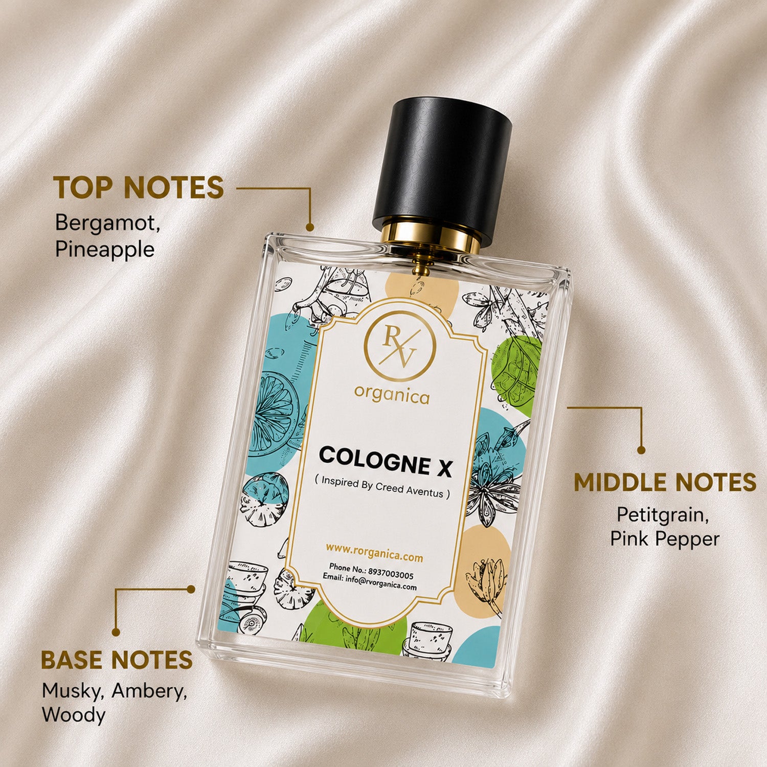 RV Organica Cologne X-inspired fragrance oil featuring bergamot, pineapple, petitgrain, pink pepper, musky, ambery, and woody fragrance notes for premium perfume creations.