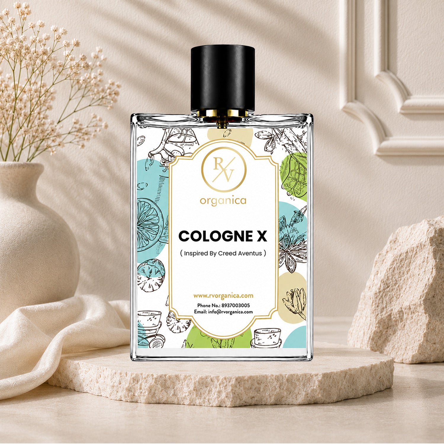 RV Organica Cologne X inspired fragrance oil in a premium glass bottle, inspired by Creed Aventus for luxury perfumes, personal care products, and fragrance formulations.
