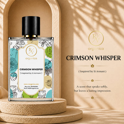 Crimson Whisper inspired fragrance perfume by RV Organica in a luxury glass bottle with fruity, floral, woody, and amber notes, ideal for everyday wear and gifting.