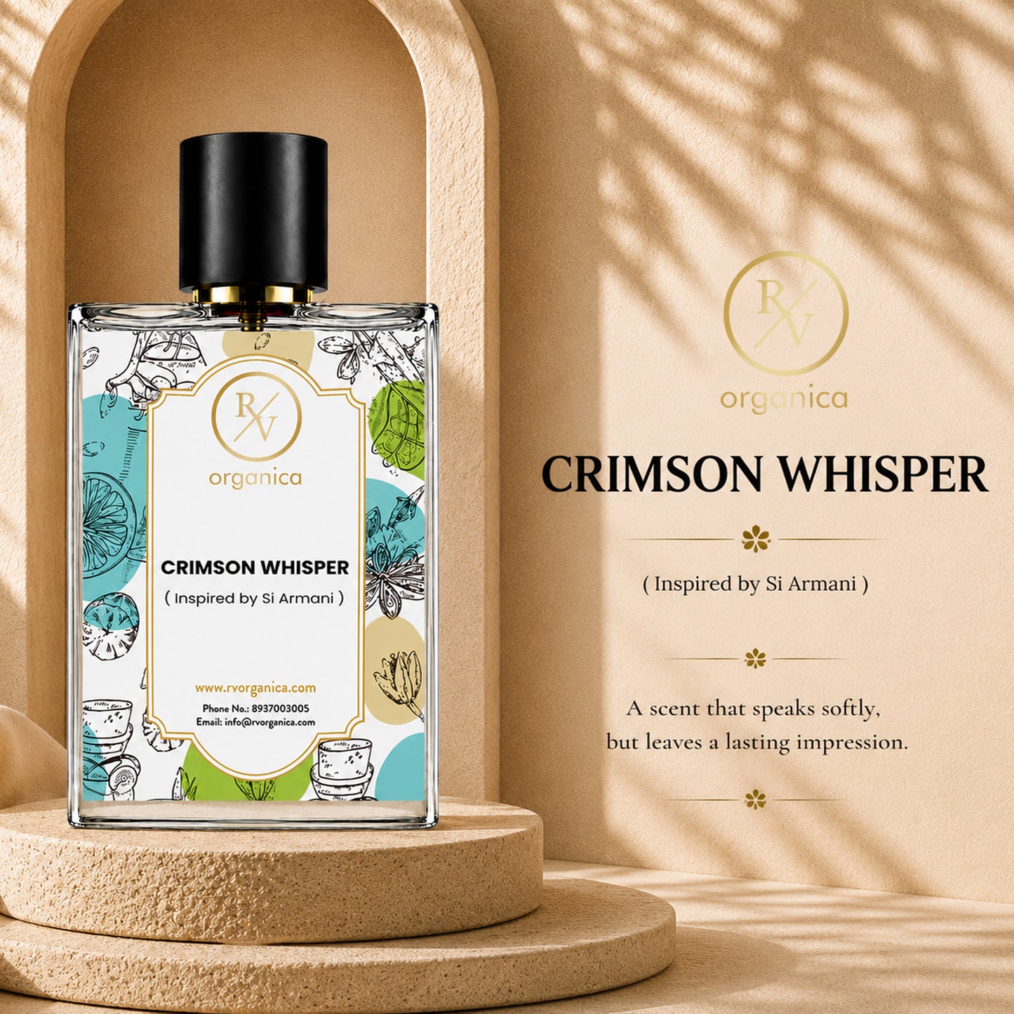 Crimson Whisper inspired fragrance perfume by RV Organica in a luxury glass bottle with fruity, floral, woody, and amber notes, ideal for everyday wear and gifting.