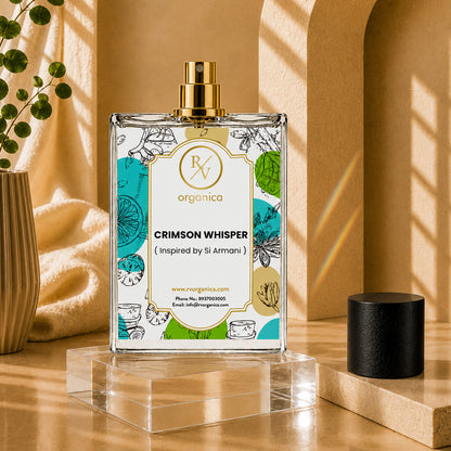RV Organica Crimson Whisper inspired fragrance displayed on a luxury pedestal in a modern setting, featuring a premium perfume inspired by Si Armani for men and women.