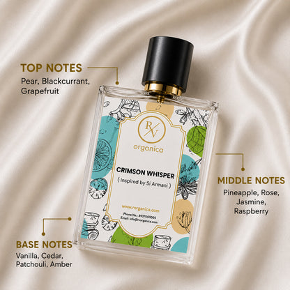 RV Organica Crimson Whisper inspired fragrance featuring pear, blackcurrant, and grapefruit top notes, pineapple, rose, jasmine middle notes, and vanilla, cedar, patchouli, amber base notes.