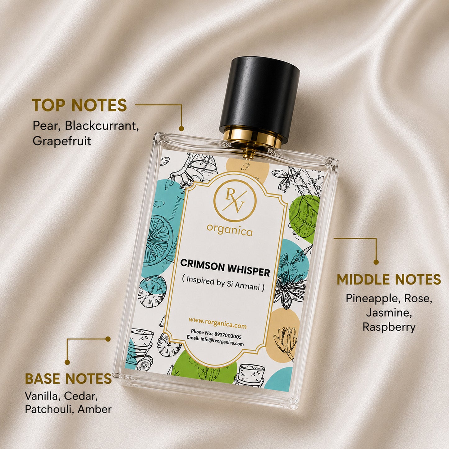 RV Organica Crimson Whisper inspired fragrance featuring pear, blackcurrant, and grapefruit top notes, pineapple, rose, jasmine middle notes, and vanilla, cedar, patchouli, amber base notes.