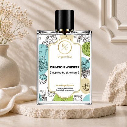 Crimson Whisper inspired fragrance by RV Organica in a premium perfume bottle, inspired by Si Armani with elegant fruity, floral, and woody notes for everyday wear.