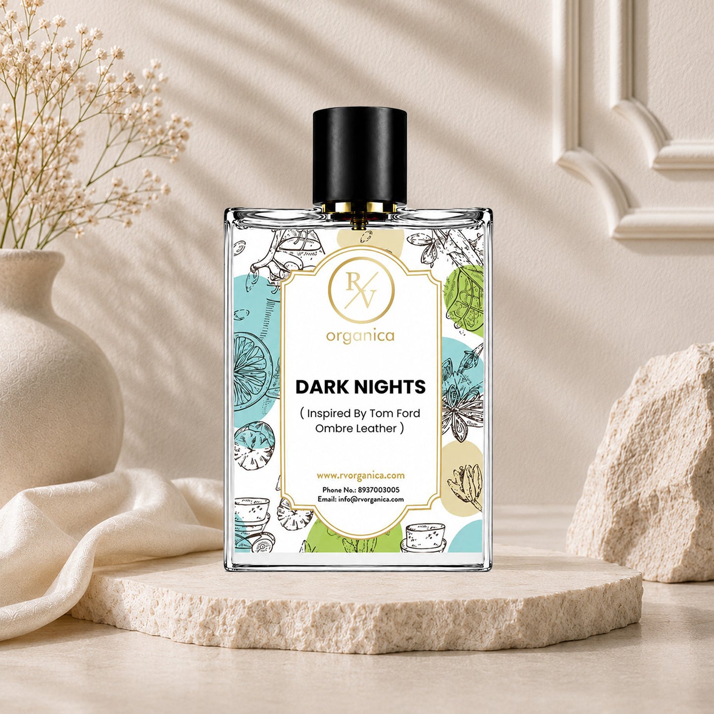 Dark Nights-inspired fragrance by RV Organica, inspired by Tom Ford Ombre Leather, in a premium glass perfume bottle with rich leather, amber, and woody notes for long-lasting unisex luxury wear.