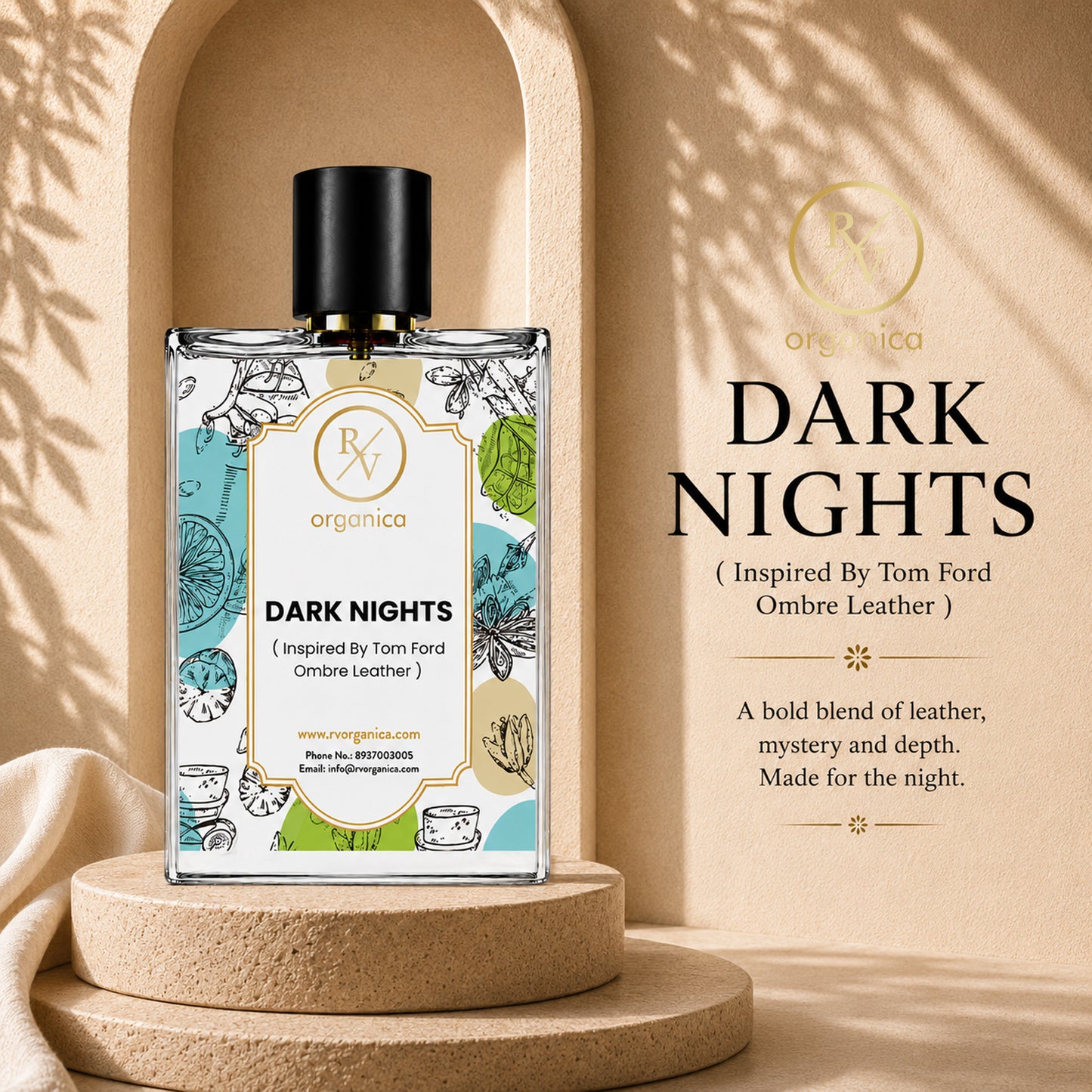 RV Organica Dark Nights is an inspired fragrance inspired by Tom Ford Ombre Leather, showcasing a luxurious leather perfume with deep woody, amber, and patchouli notes in an elegant lifestyle presentation.