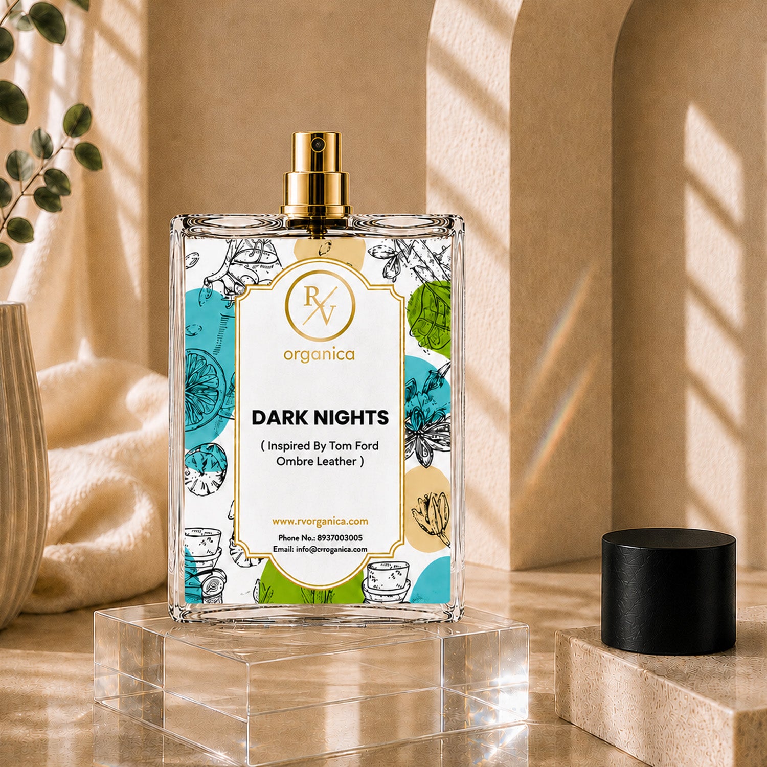 Premium Dark Nights-inspired fragrance by RV Organica, inspired by Tom Ford Ombre Leather, in an elegant luxury perfume bottle with a bold leather, woody, and amber fragrance for men and women.