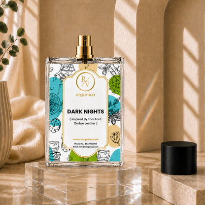 Premium Dark Nights-inspired fragrance by RV Organica, inspired by Tom Ford Ombre Leather, in an elegant luxury perfume bottle with a bold leather, woody, and amber fragrance for men and women.