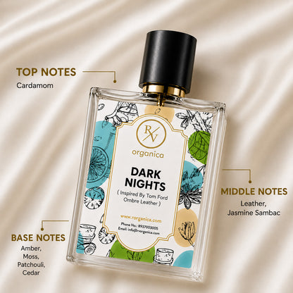 Dark Nights-inspired fragrance by RV Organica features fragrance notes including spicy cardamom top notes, leather and jasmine sambac heart, and amber, patchouli, cedar, and moss base accords.