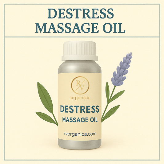 A bottle of DeStress Massage Oil with lavender and green leaf illustrations, indicating a calming and soothing product.