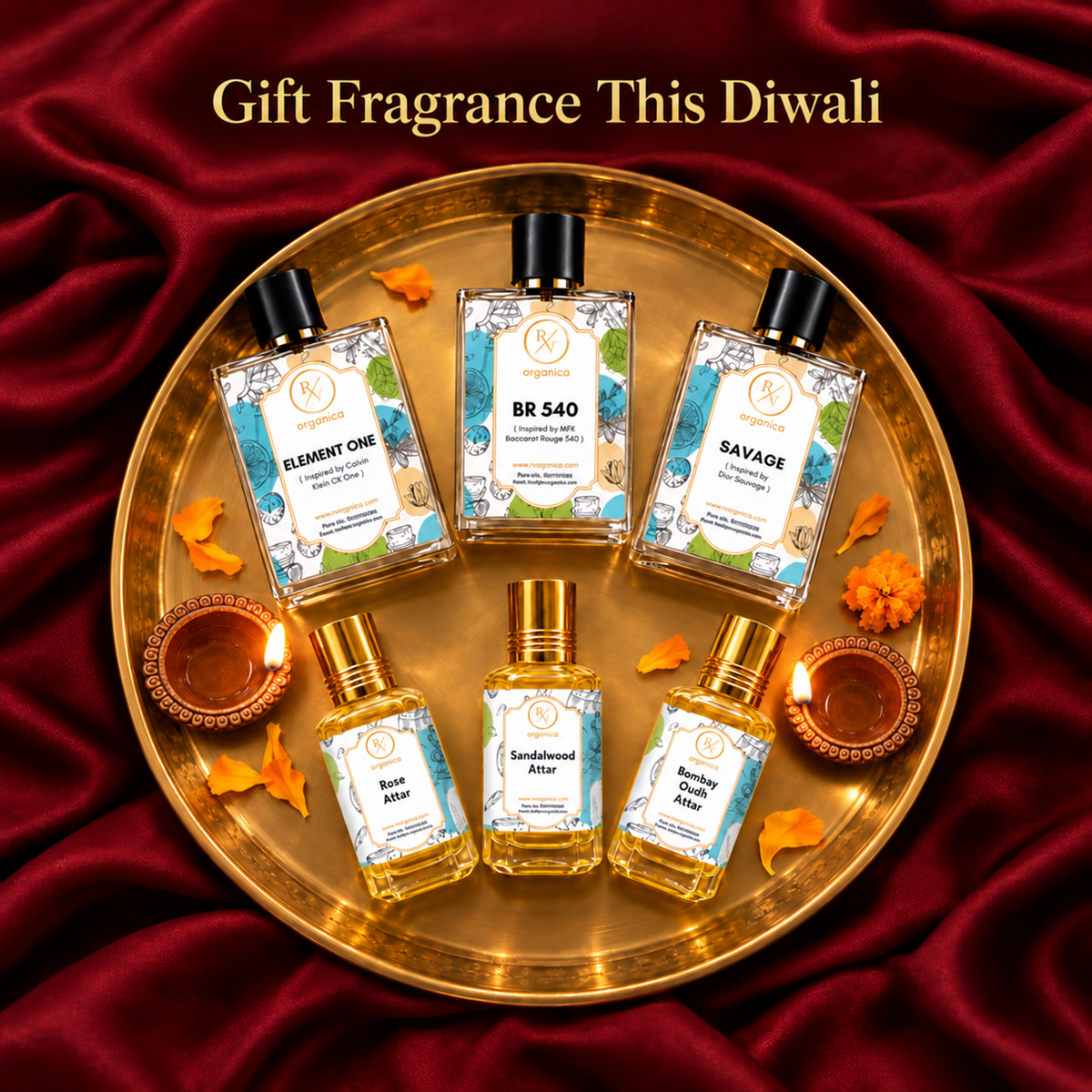 Perfume and attar hamper on a brass thali for Diwali gifting