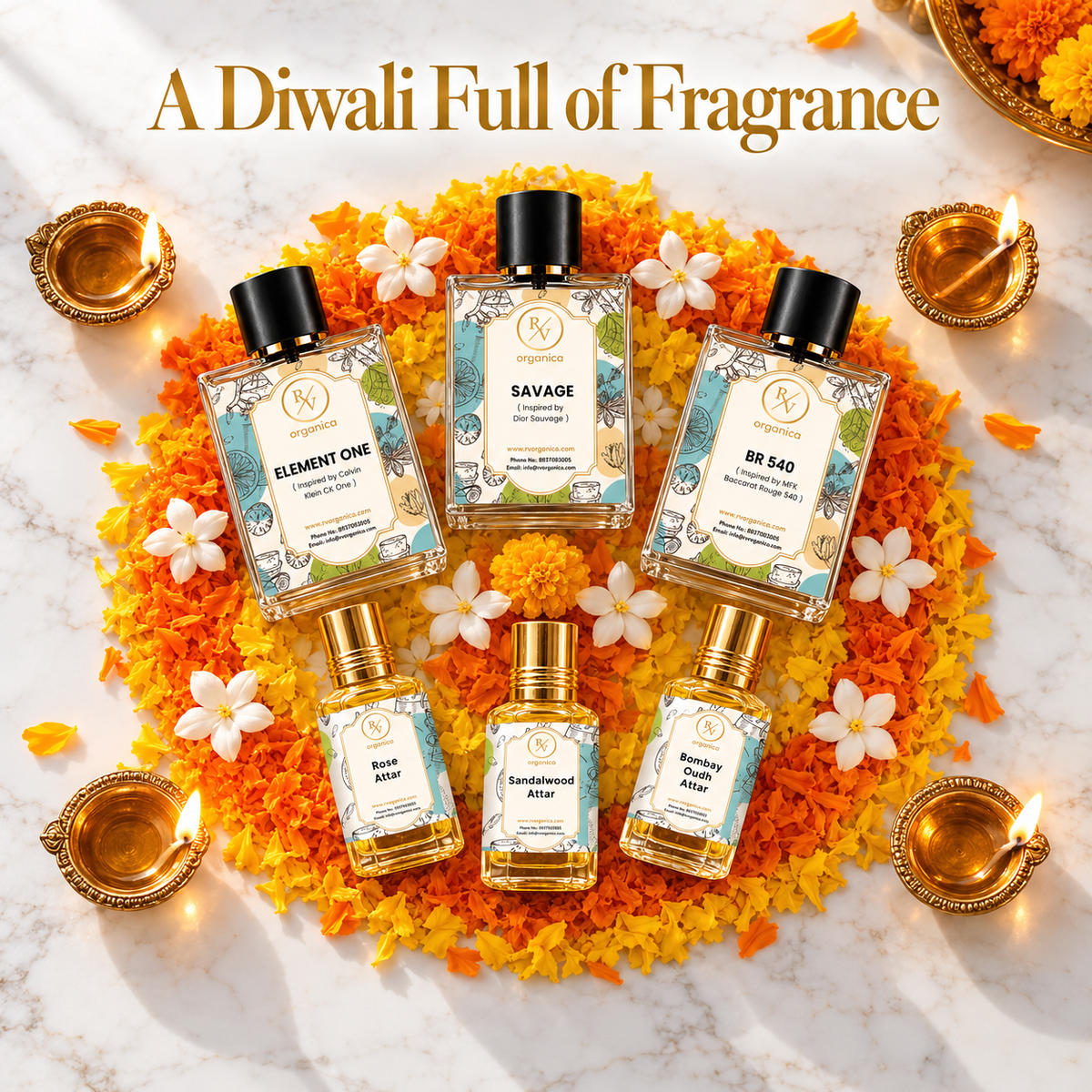 3 perfumes and 3 attars on marigold petals with diyas