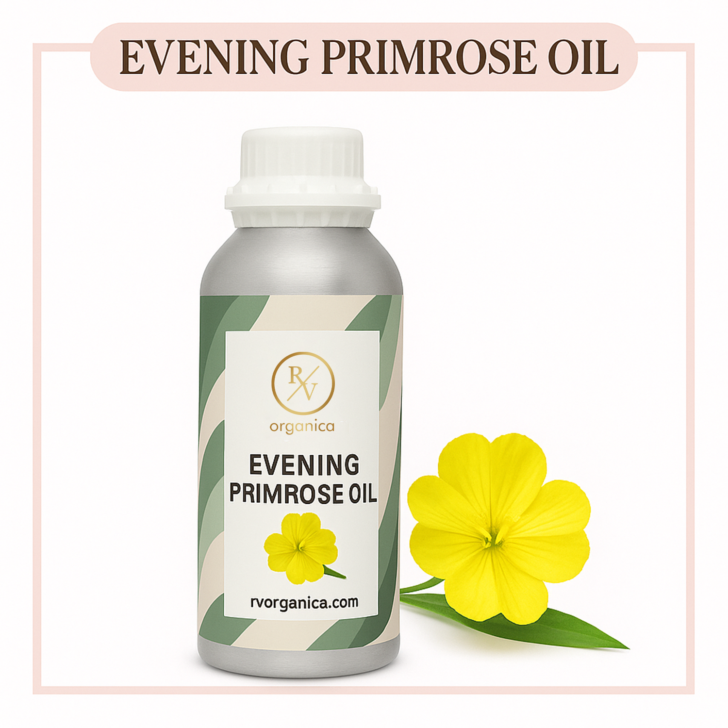A bottle of Evening Primrose Oil with a yellow flower in the background, labeled with the brand RV Organica.