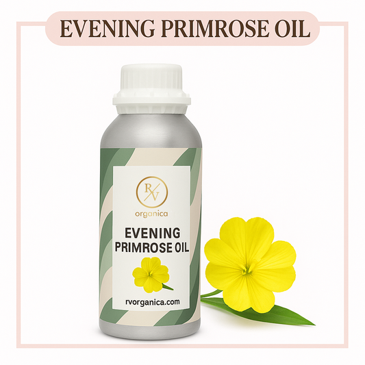 A bottle of Evening Primrose Oil with a yellow flower in the background, labeled with the brand RV Organica.