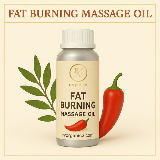 A bottle of Fat Burning Massage Oil with a white label, next to a red chili pepper and a leaf, indicating possibly natural ingredients.