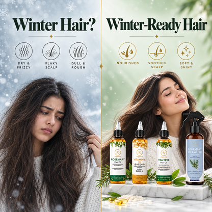 Dry frizzy winter hair and flaky scalp before and after RV Organica hair care set