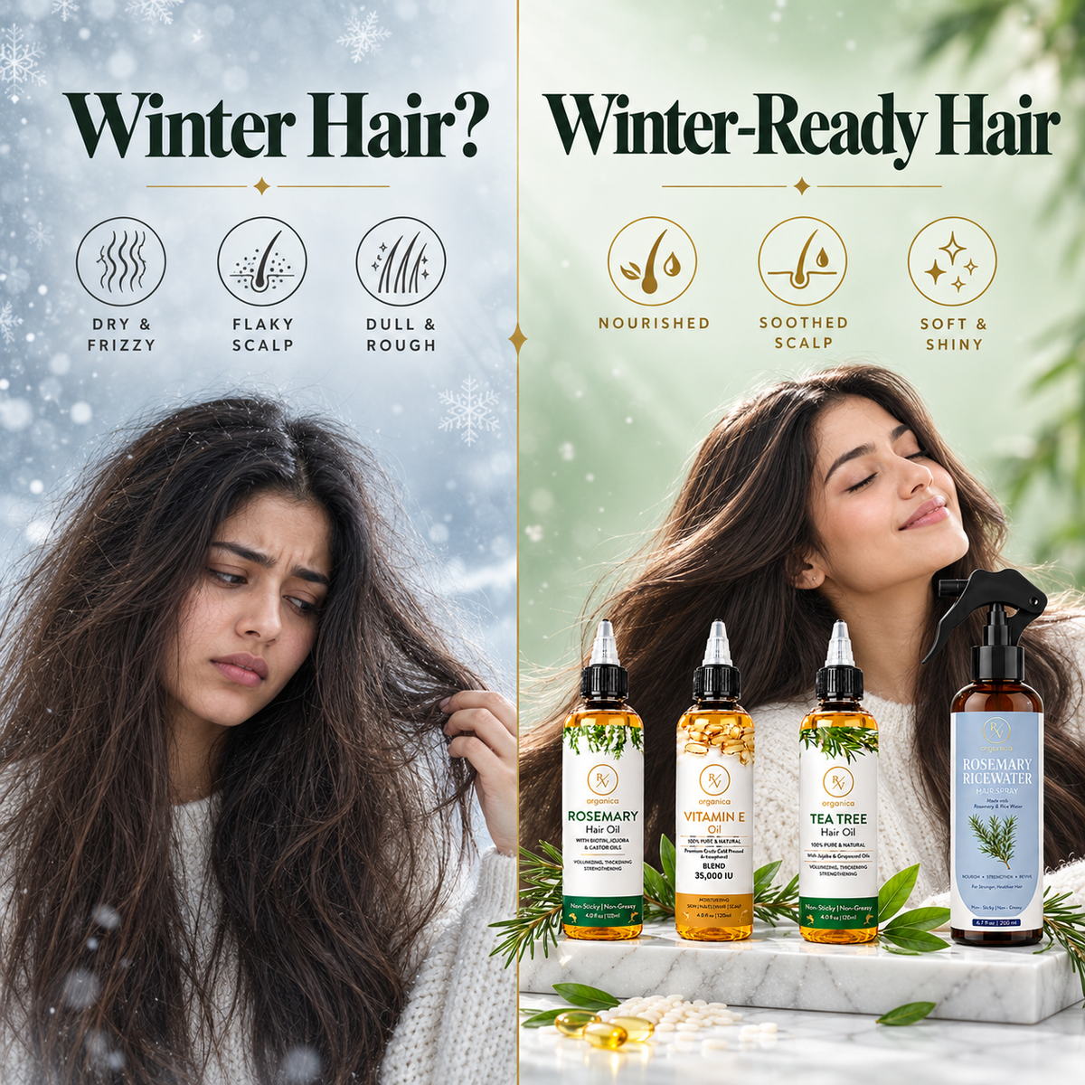 Dry frizzy winter hair and flaky scalp before and after RV Organica hair care set