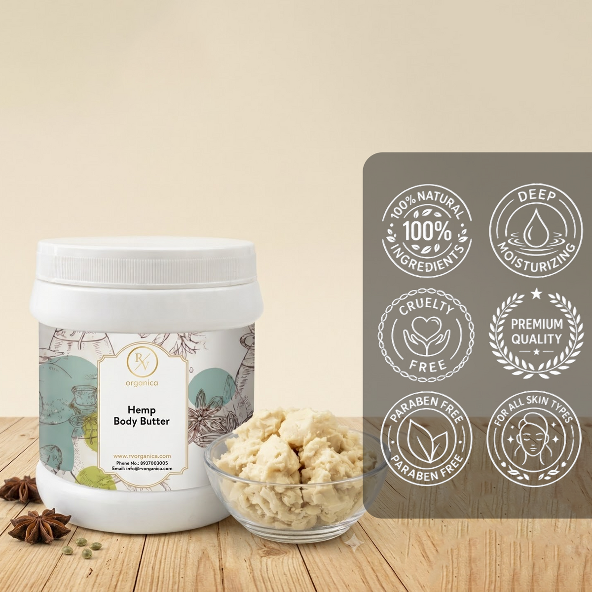 RV Organica Hemp Body Butter natural moisturizer with premium ingredients for smooth hydrated skin