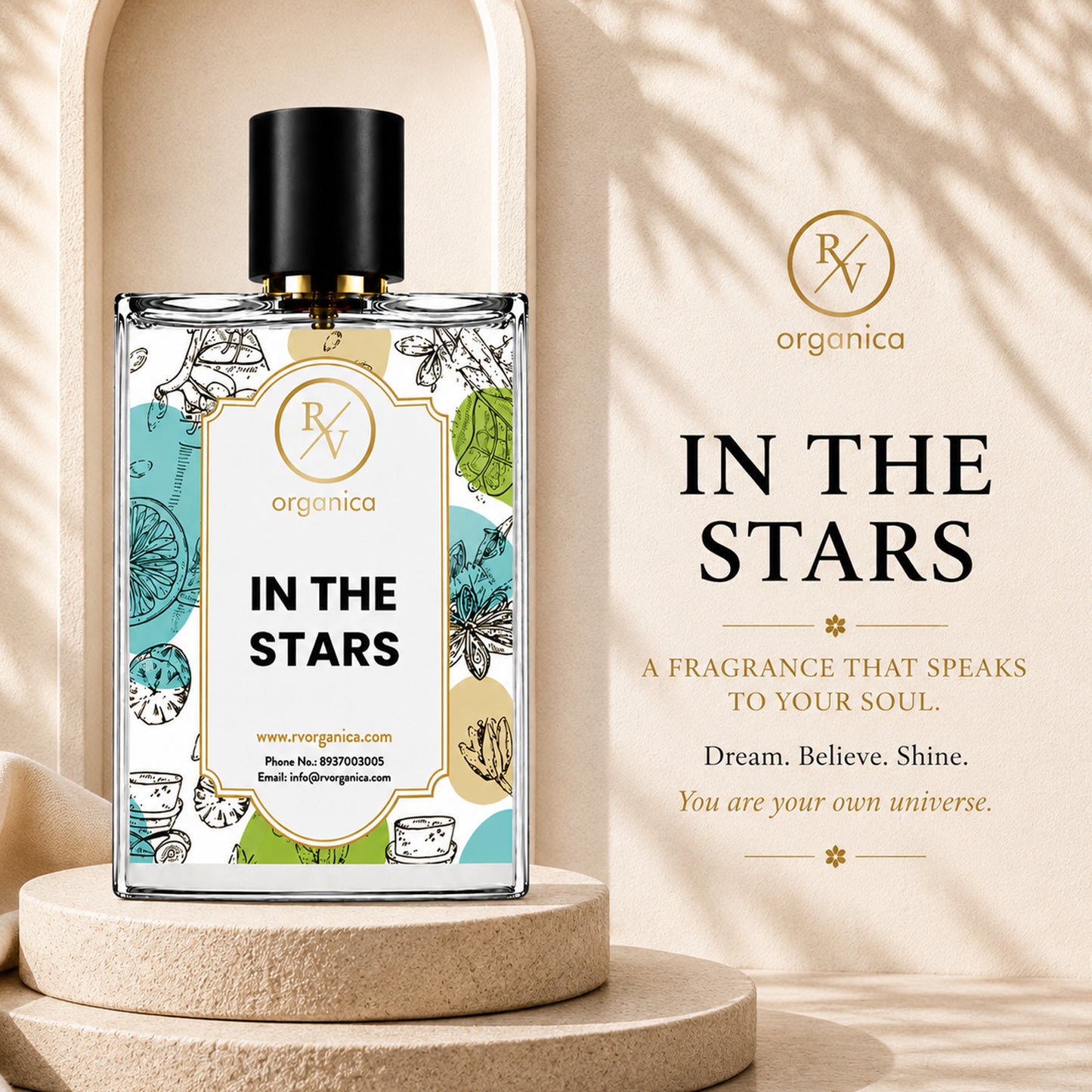 RV Organica In The Stars premium fragrance oil displayed on a luxury stone podium with elegant beige aesthetic background and brand tagline.