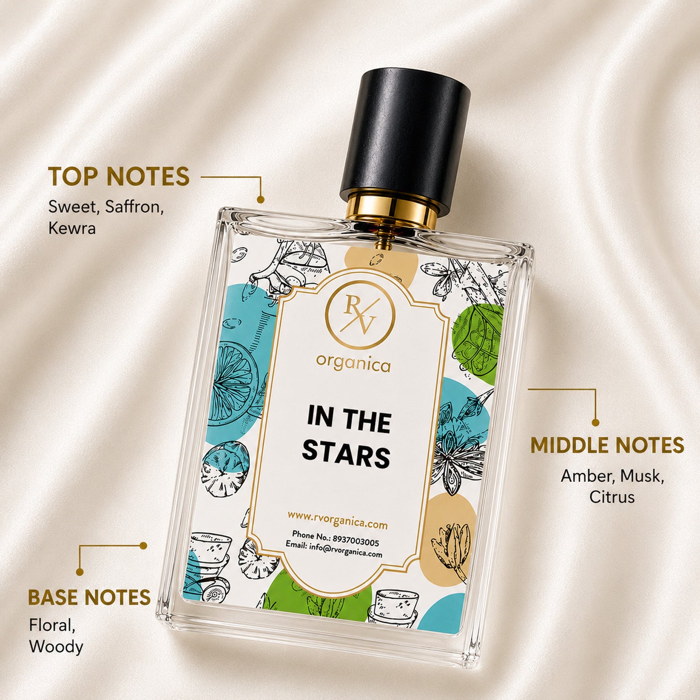 RV Organica In The Stars fragrance oil featuring top notes of sweet, saffron, and kewra, middle notes of amber, musk, and citrus, with floral woody base notes.