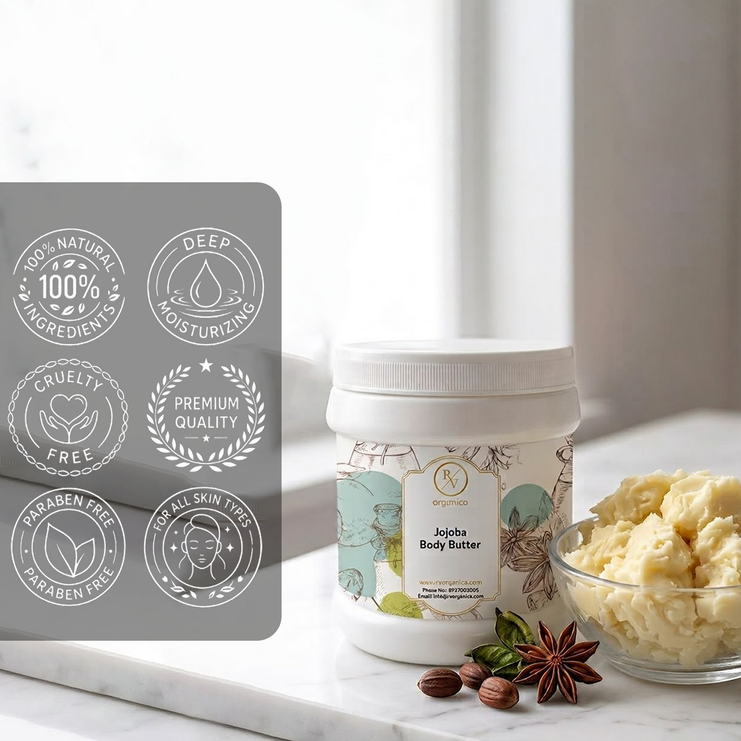 RV Organica Jojoba Body Butter natural moisturizer with premium ingredients for smooth hydrated skin