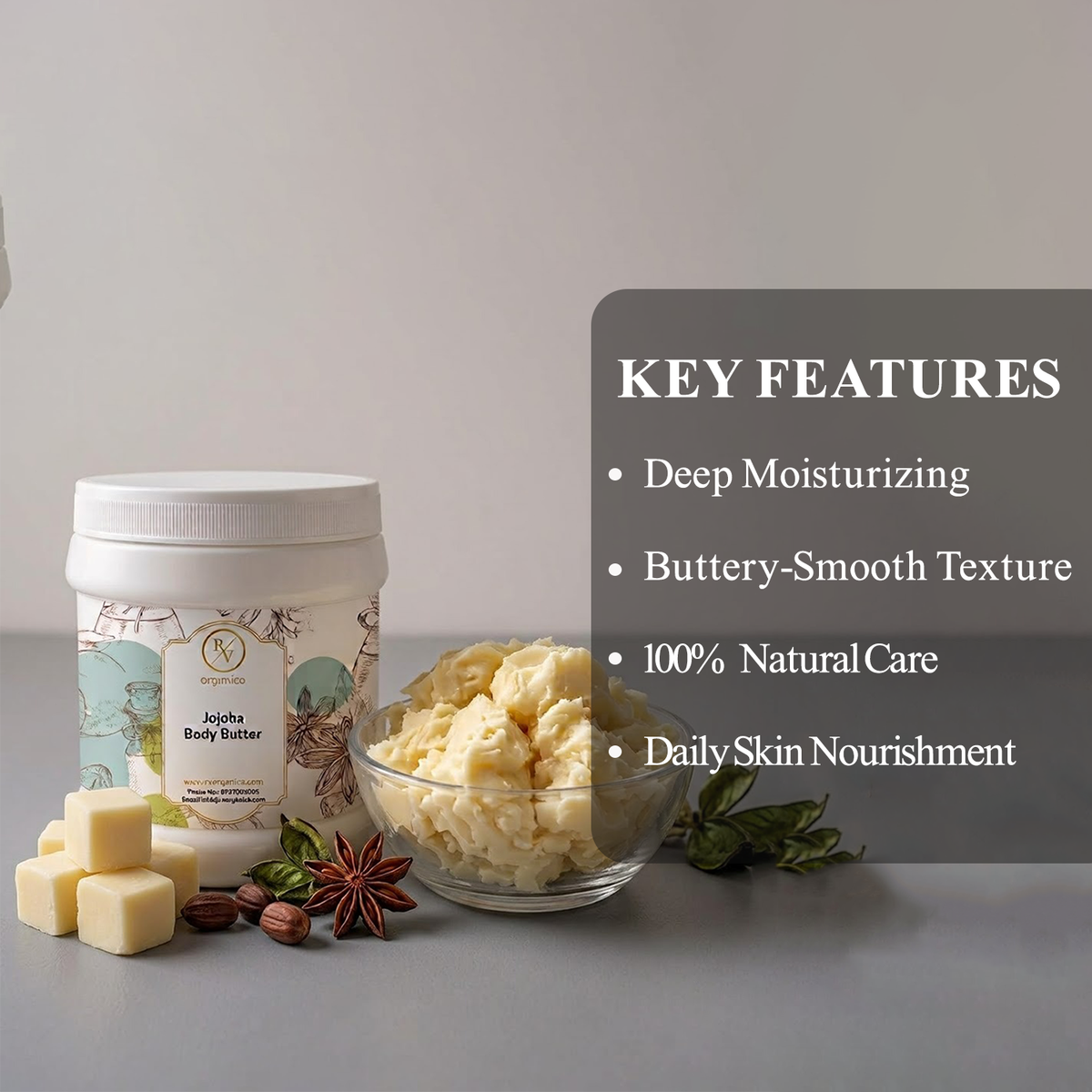 RV Organica Jojoba Body Butter with deep moisturizing formula for soft and nourished skin
