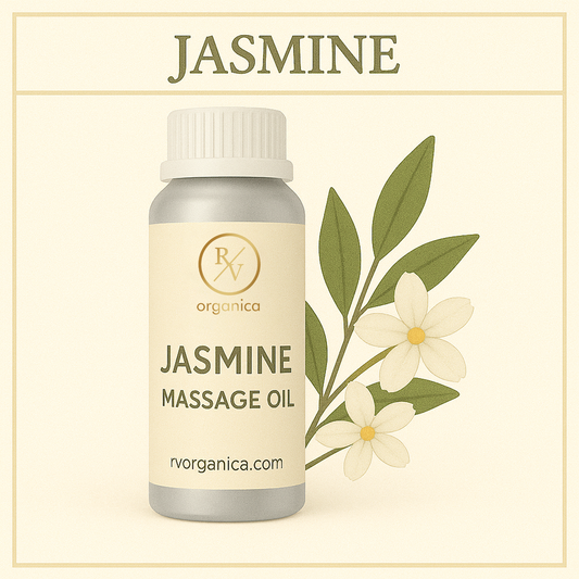 A bottle of Jasmine Massage Oil with a white label, adorned with an image of jasmine flowers and green leaves. The text on the label reads 'JASMINE MASSAGE OIL' and the brand 'RV ORGANICA'.