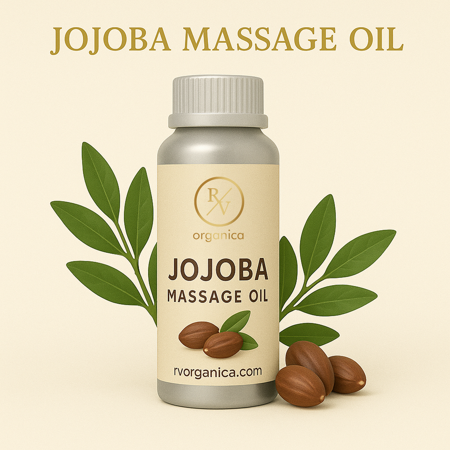 A bottle of Jojoba Massage Oil with the RV Organica, surrounded by jojoba seeds and leaves on a white background.
