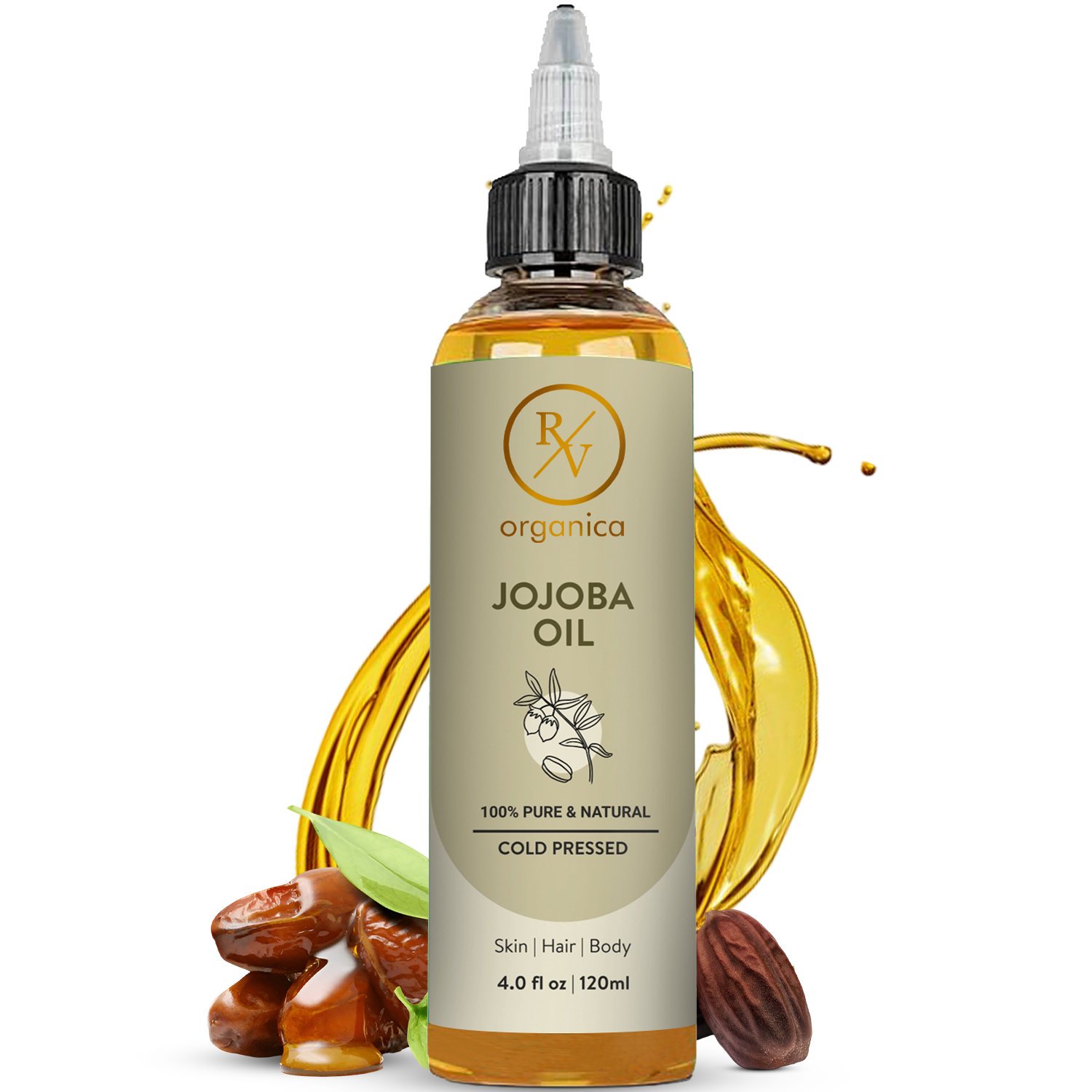 RV Organica Pure Cold Pressed Jojoba Oil bottle 120ml with natural jojoba seed and dates