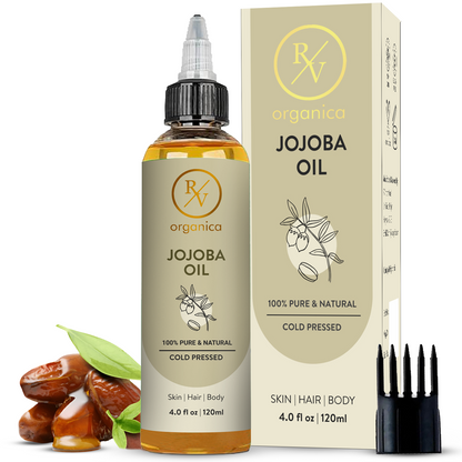 RV Organica Jojoba Oil 120ml with packaging box and comb - 100% pure cold pressed jojoba oil for skin, hair and body