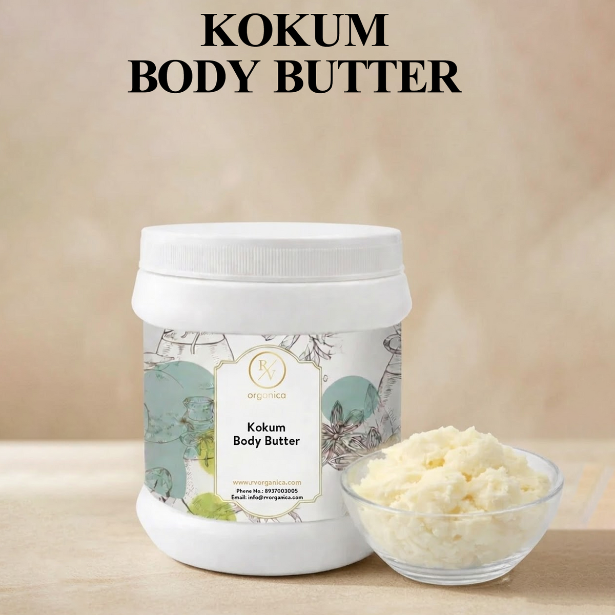 Kokum Body Butter jar with fresh whipped butter in bowl - RV Organica