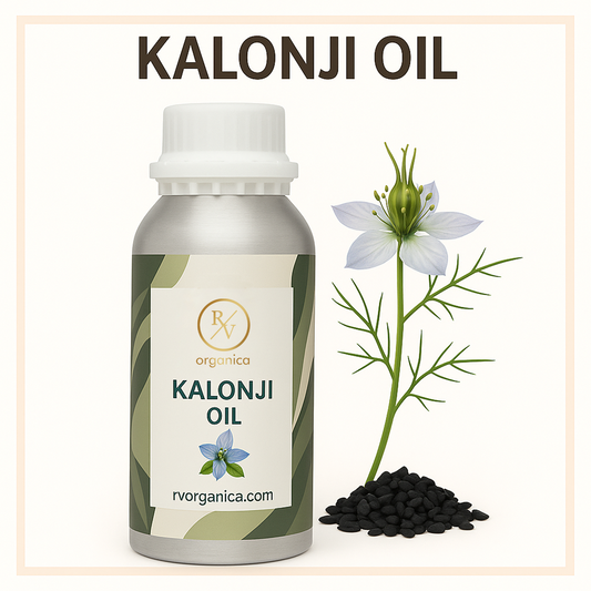 A bottle of Kalonji Oil with a white cap, alongside a white flower and a pile of black seeds, on a background with the text 'KALONJI OIL' and a website address 'rvorganica.com'.
