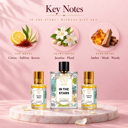 In The Stars perfume notes with saffron, kewra, amber, musk and floral woods