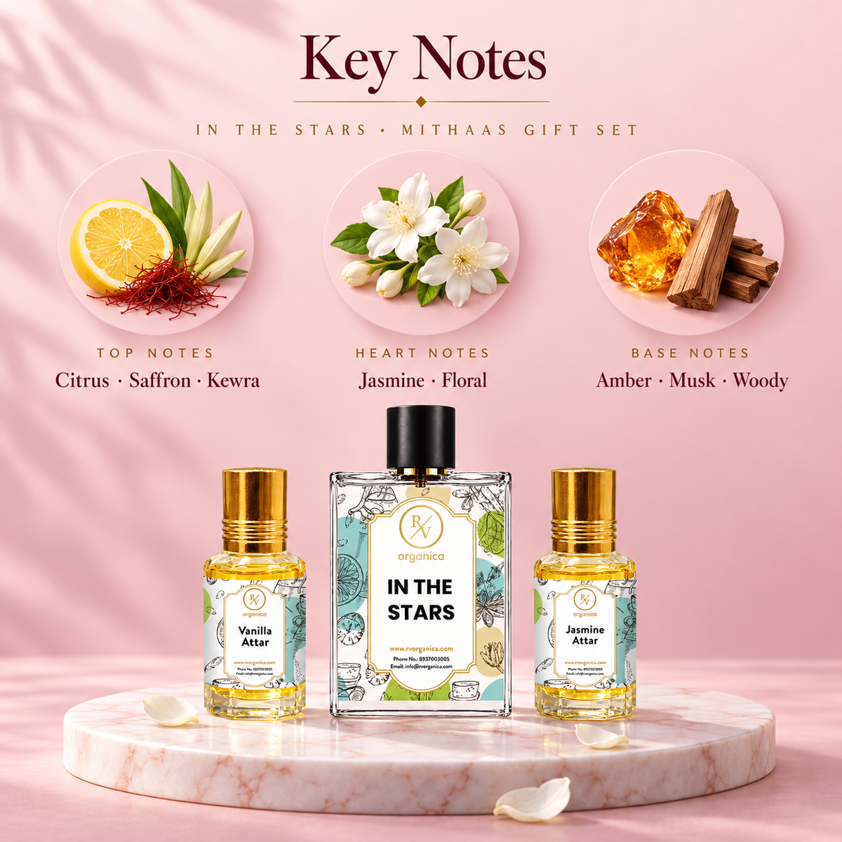 In The Stars perfume notes with saffron, kewra, amber, musk and floral woods