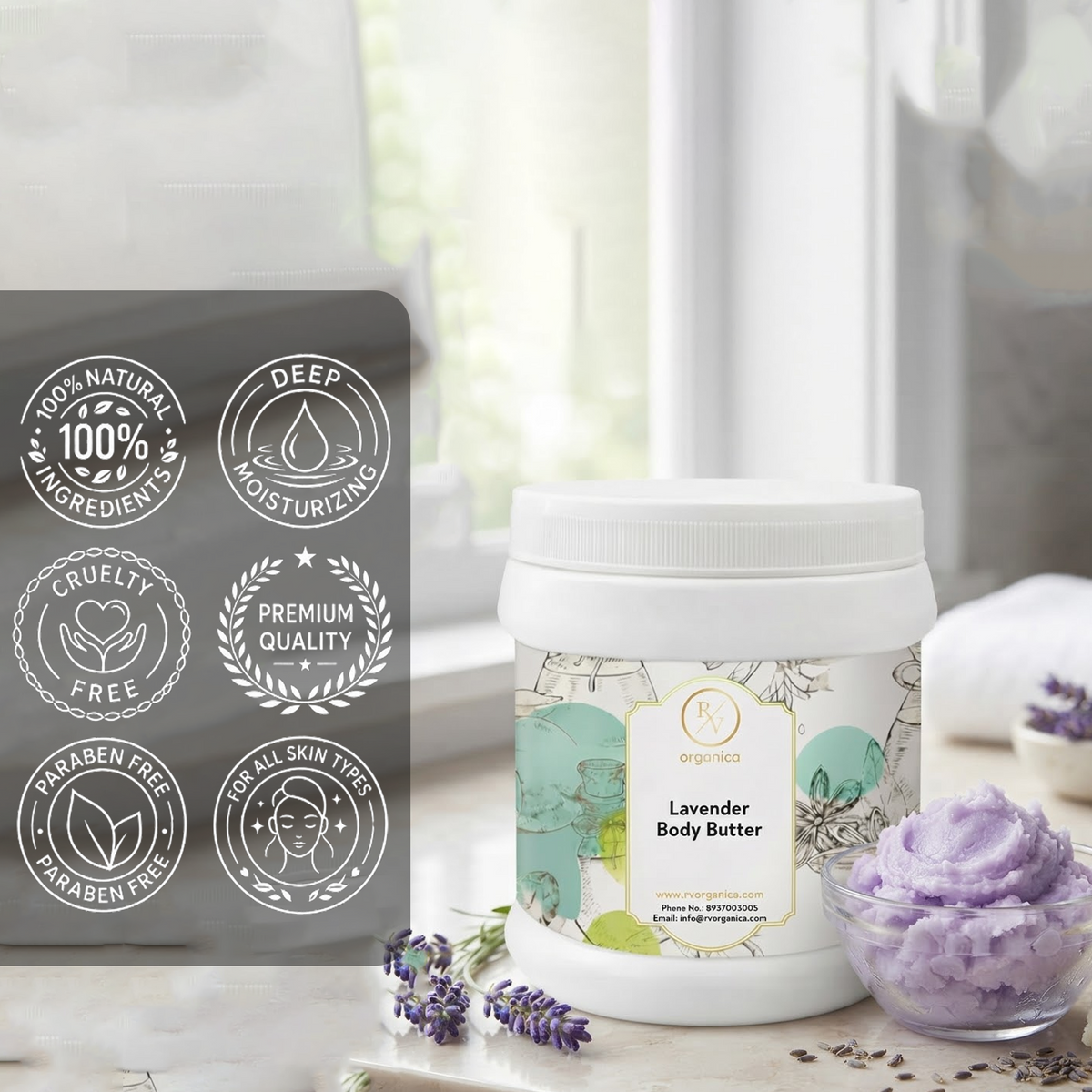 RV Organica Lavender Body Butter with rich butter formula and smooth creamy texture