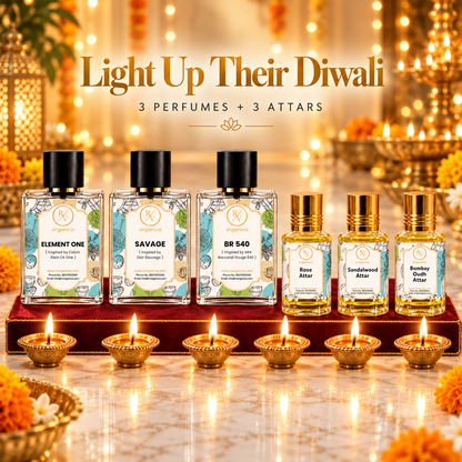 Element One, Savage and BR 540 perfumes with Rose, Sandalwood and Bombay Oudh attars