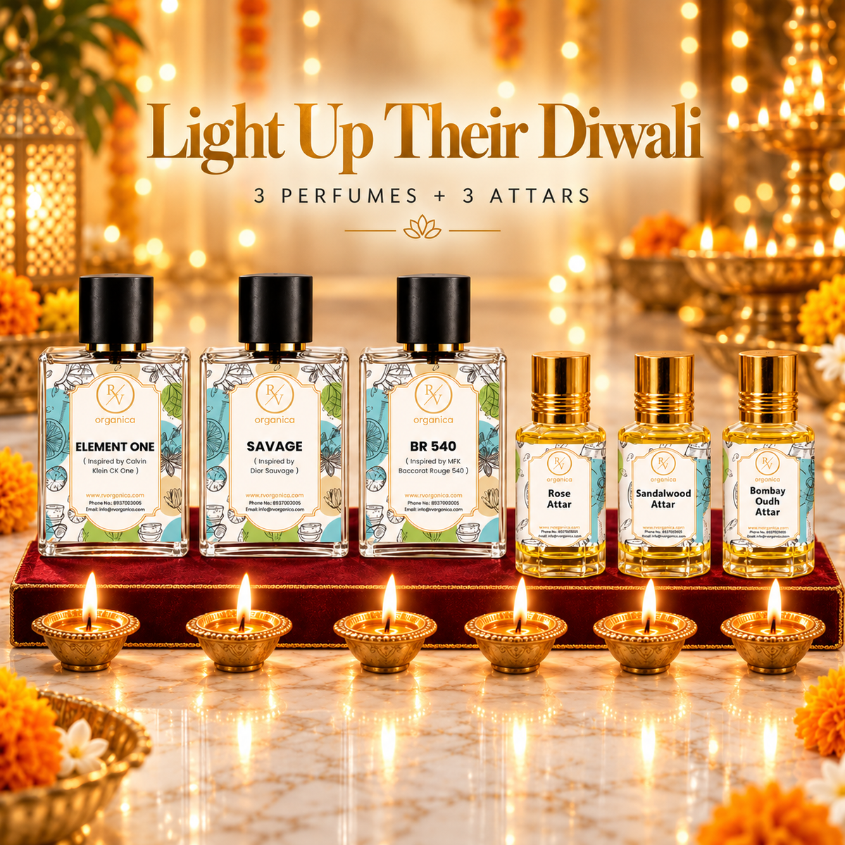 Element One, Savage and BR 540 perfumes with Rose, Sandalwood and Bombay Oudh attars