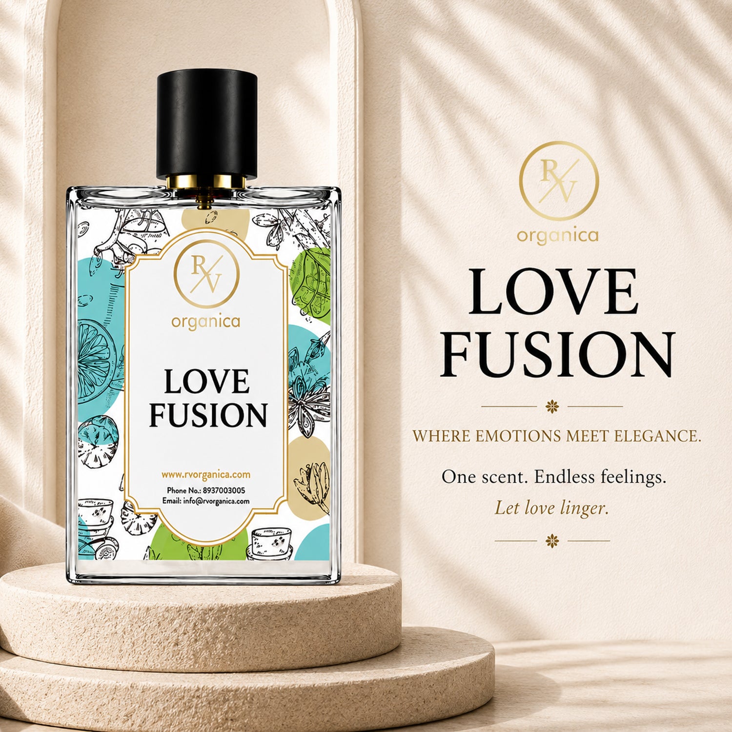 RV Organica Love Fusion inspired fragrance showcasing a luxurious fruity floral perfume with pear, rose, raspberry, patchouli and musk notes in an elegant lifestyle presentation.