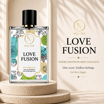 RV Organica Love Fusion inspired fragrance showcasing a luxurious fruity floral perfume with pear, rose, raspberry, patchouli and musk notes in an elegant lifestyle presentation.