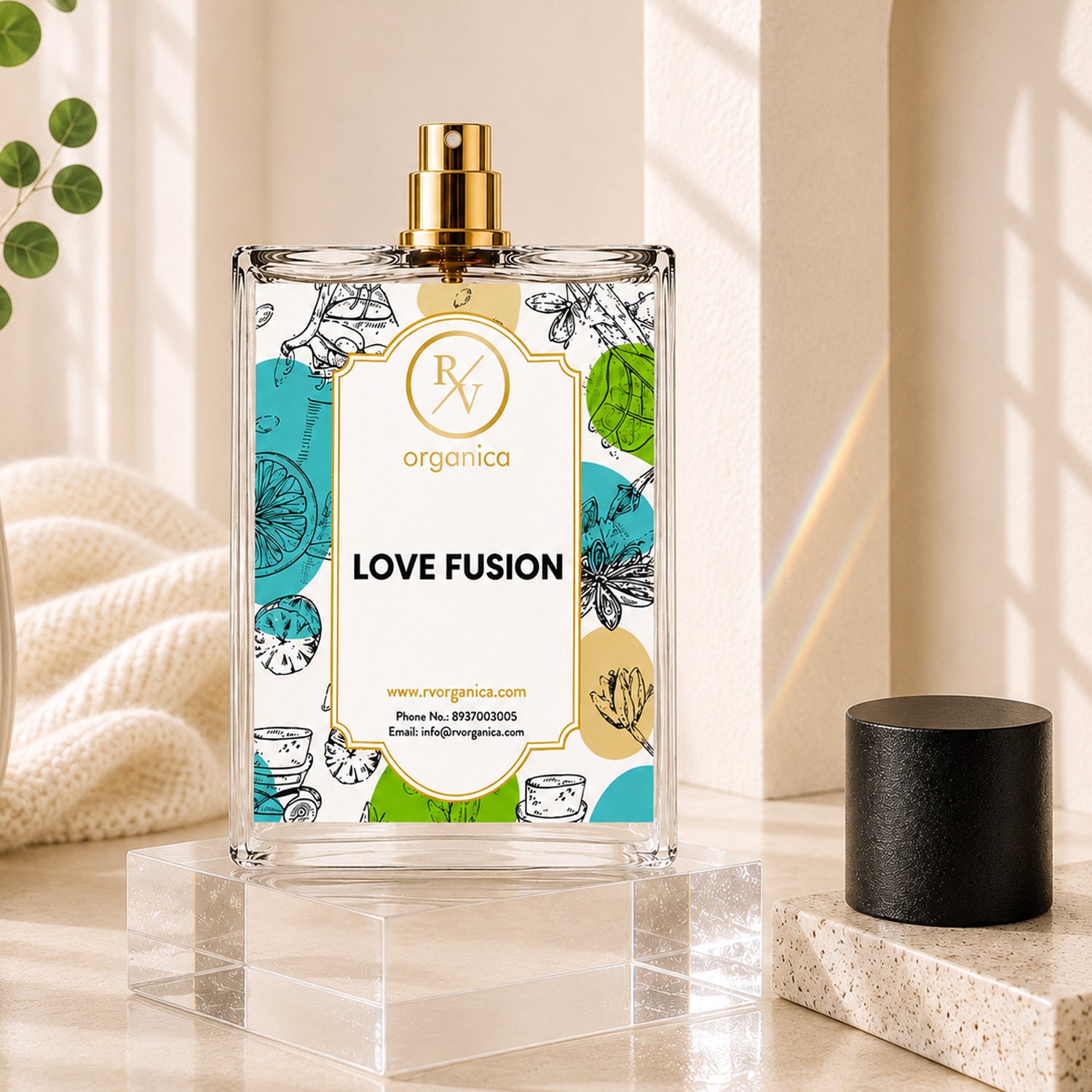 Premium Love Fusion-inspired fragrance by RV Organica in an elegant luxury perfume bottle with fruity, floral, and musky fragrance for men and women seeking a long-lasting signature scent.