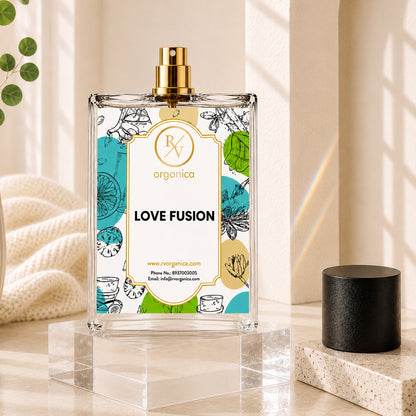 Premium Love Fusion-inspired fragrance by RV Organica in an elegant luxury perfume bottle with fruity, floral, and musky fragrance for men and women seeking a long-lasting signature scent.