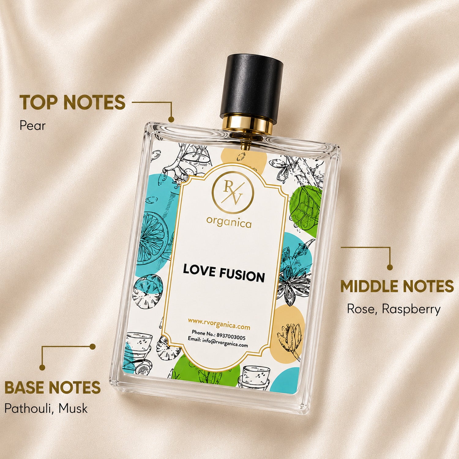 Love Fusion is an inspired fragrance by RV Organica with fragrance notes featuring a juicy pear top note, romantic rose and raspberry heart notes, and warm patchouli and musk base accords.