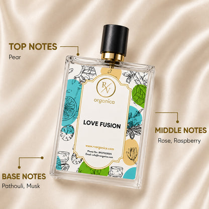 Love Fusion is an inspired fragrance by RV Organica with fragrance notes featuring a juicy pear top note, romantic rose and raspberry heart notes, and warm patchouli and musk base accords.