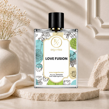 Love Fusion-inspired fragrance by RV Organica in a premium glass perfume bottle with fruity pear, romantic rose, raspberry, patchouli, and musk notes for long-lasting unisex luxury wear.