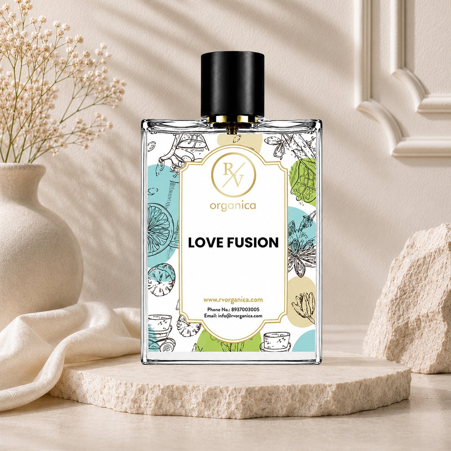 Love Fusion-inspired fragrance by RV Organica in a premium glass perfume bottle with fruity pear, romantic rose, raspberry, patchouli, and musk notes for long-lasting unisex luxury wear.